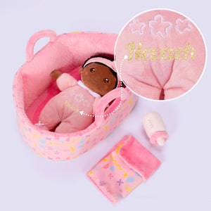 iFrodoll Personalized Pink Deep Skin Tone Mini Plush Baby Girl Doll & Gift Set
