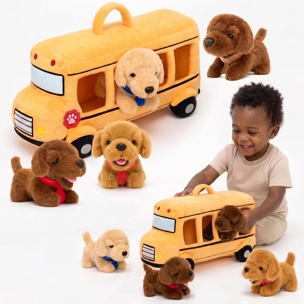 Personalized Plush Golden Retriever Puppy School Bus Playset (5-Piece Set)