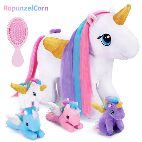 Rainbow Hair Plush Unicorn Mommy with 4 Babies Stuffed Animal