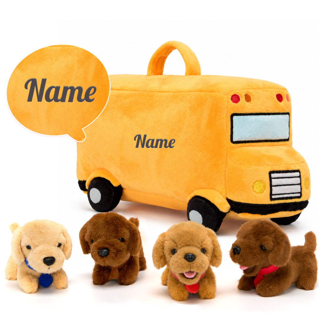 Personalized Plush Puppy School Bus Playset (5-Piece Set)