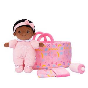 iFrodoll Personalized Pink Deep Skin Tone Mini Plush Baby Girl Doll & Gift Set