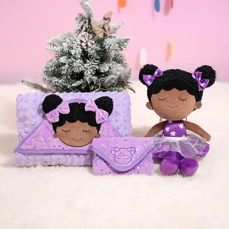 iFrodoll Personalized Deep Skin Tone Plush Dora Doll + Blanket (30") + Washcloth Baby Gift Set