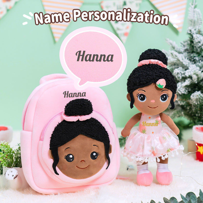 iFrodoll Personalized Deep Skin Tone Plush Strawberry Nevaeh Doll & Pink Nevaeh Backpack Gift Set