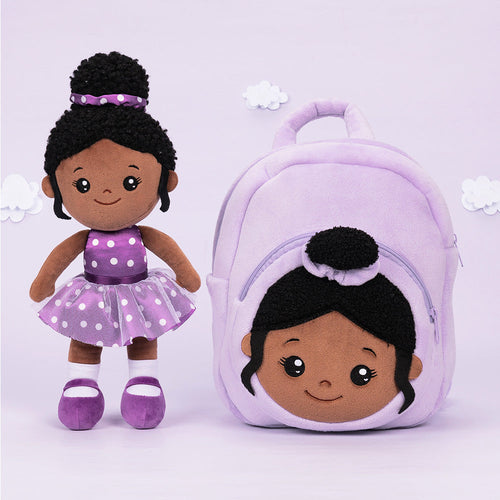 iFrodoll Personalized Deep Skin Tone Plush Nevaeh 2 Doll & Purple Backpack Gift Set