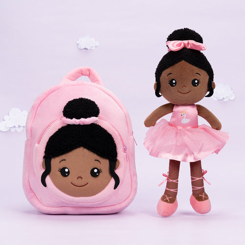 iFrodoll Personalized Deep Skin Tone Plush Ballerina Nevaeh Doll & Backpack Gift Set