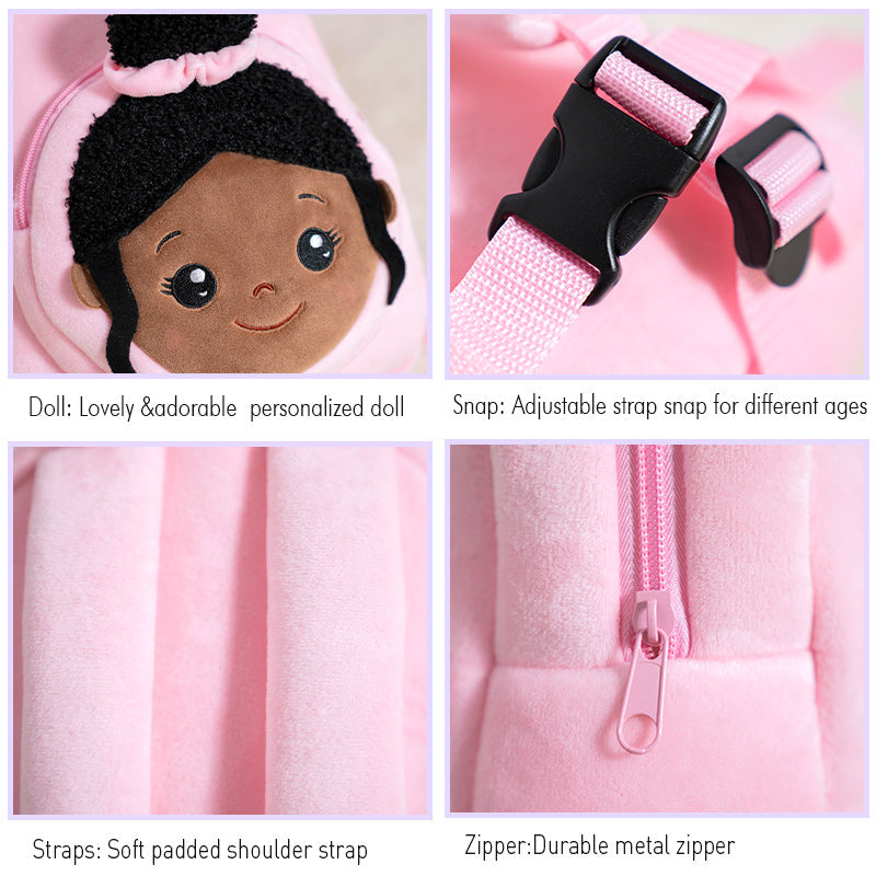 iFrodoll Personalized Deep Skin Tone Plush Red Christmas Doll & Pink Backpack Gift Set
