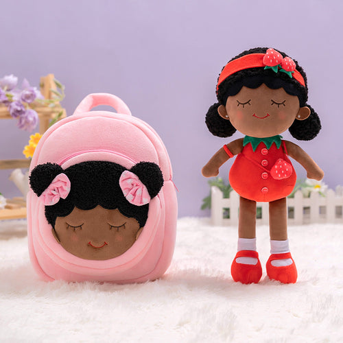 iFrodoll Personalized Deep Skin Tone Plush Strawberry Dora Doll & Pink Dora Backpack Gift Set
