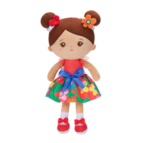 iFrodoll Personalized Brown Skin Tone Red Floral Dress Plush Baby Girl Doll