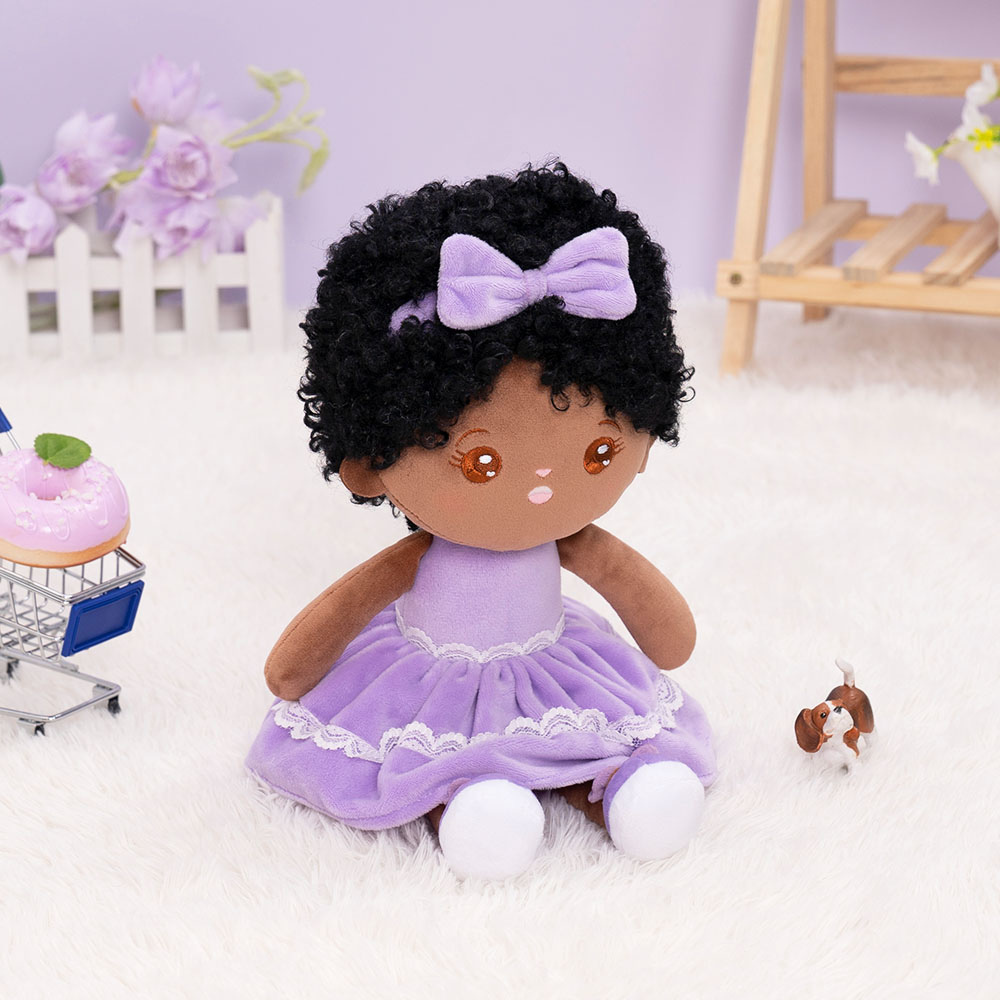 iFrodoll Personalized Deep Skin Tone Plush Curly Hair Baby Girl Doll