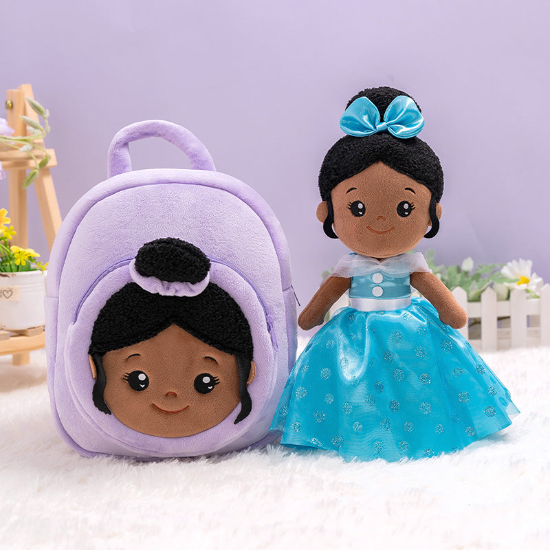 iFrodoll Personalized Deep Skin Tone Plush Blue Princess Nevaeh Doll & Backpack Gift Set
