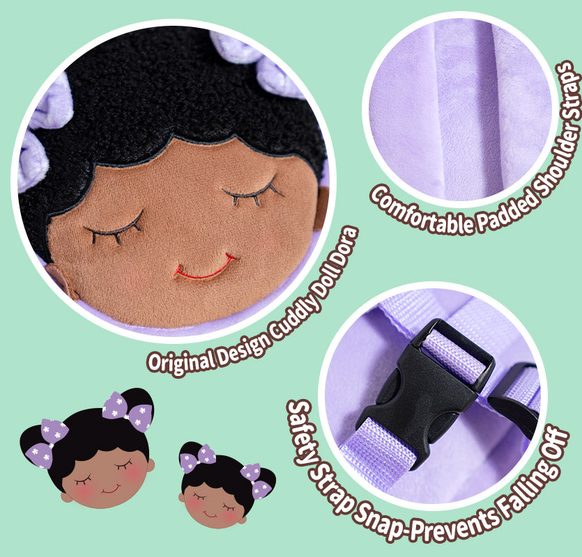 iFrodoll Personalized Deep Skin Tone Plush Ash Doll & Purple Dora Backpack Gift Set