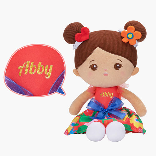 iFrodoll Personalized Brown Skin Tone Red Floral Dress Plush Baby Girl Doll