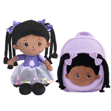 Load image into Gallery viewer, iFrodoll Personalized Deep Skin Tone Plush Ash Doll &amp; Purple Nevaeh Backpack Gift Set