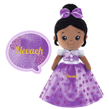 Load image into Gallery viewer, iFrodoll Personalized Deep Skin Tone Plush Purple Princess Nevaeh Doll &amp; Backpack Gift Set